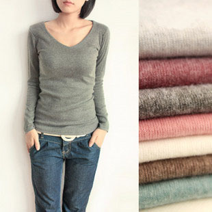 大額批發(fā)女秋新款v領(lǐng)羊毛絨磨毛短款打底衫純棉針織衫t恤韓版